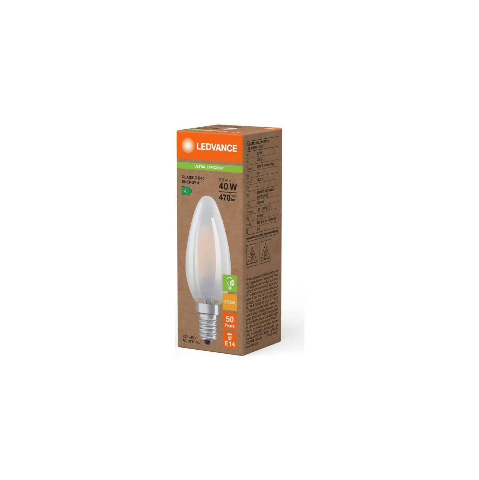 Ledvance LED Classic E14 Kronljus Filament Matt 2.2W 470lm - 827 Extra Varm Vit | Ersättare 40W