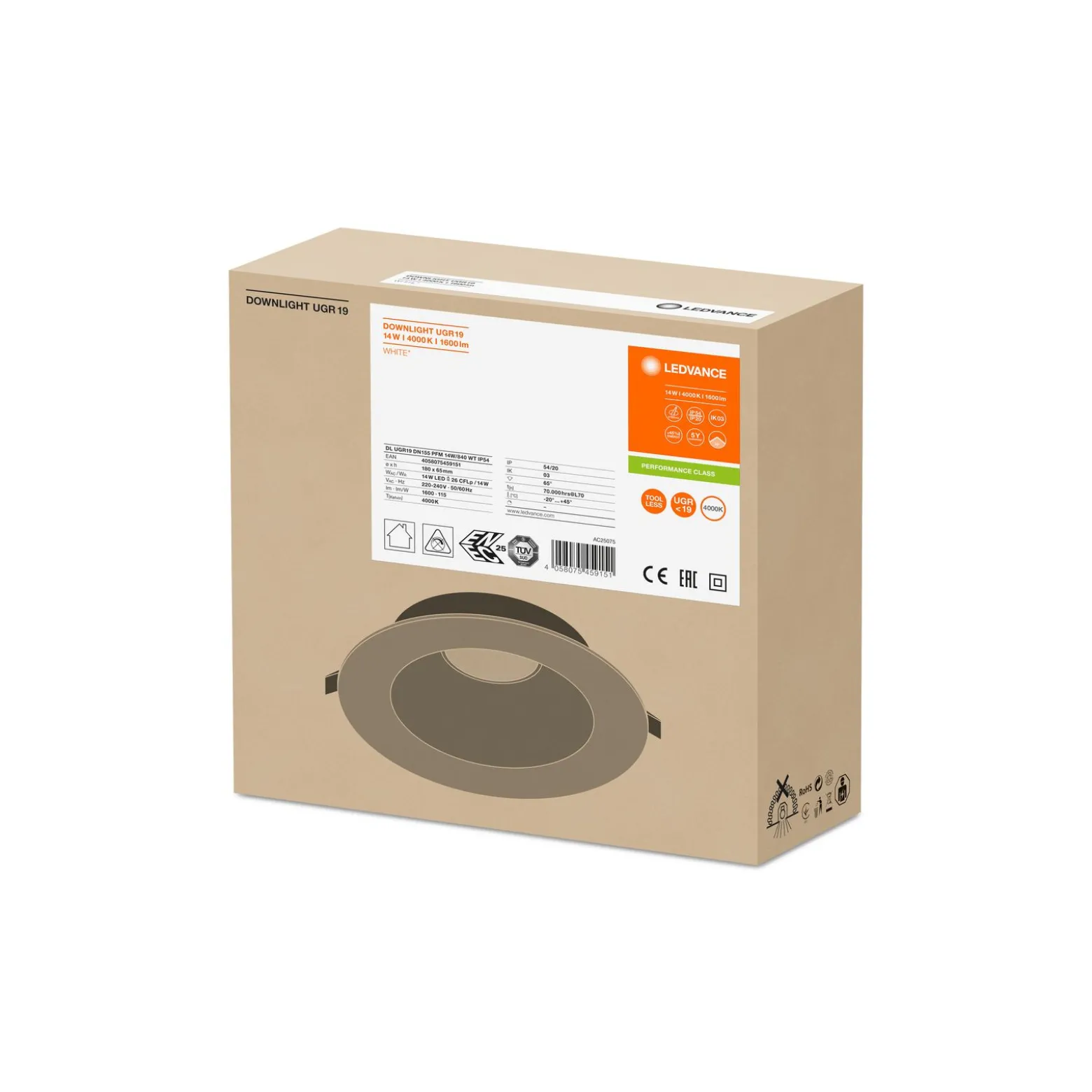 Ledvance LED Downlight Performance DN155 14W 1600lm 65D - 840 Kallvit | 180mm - IP54