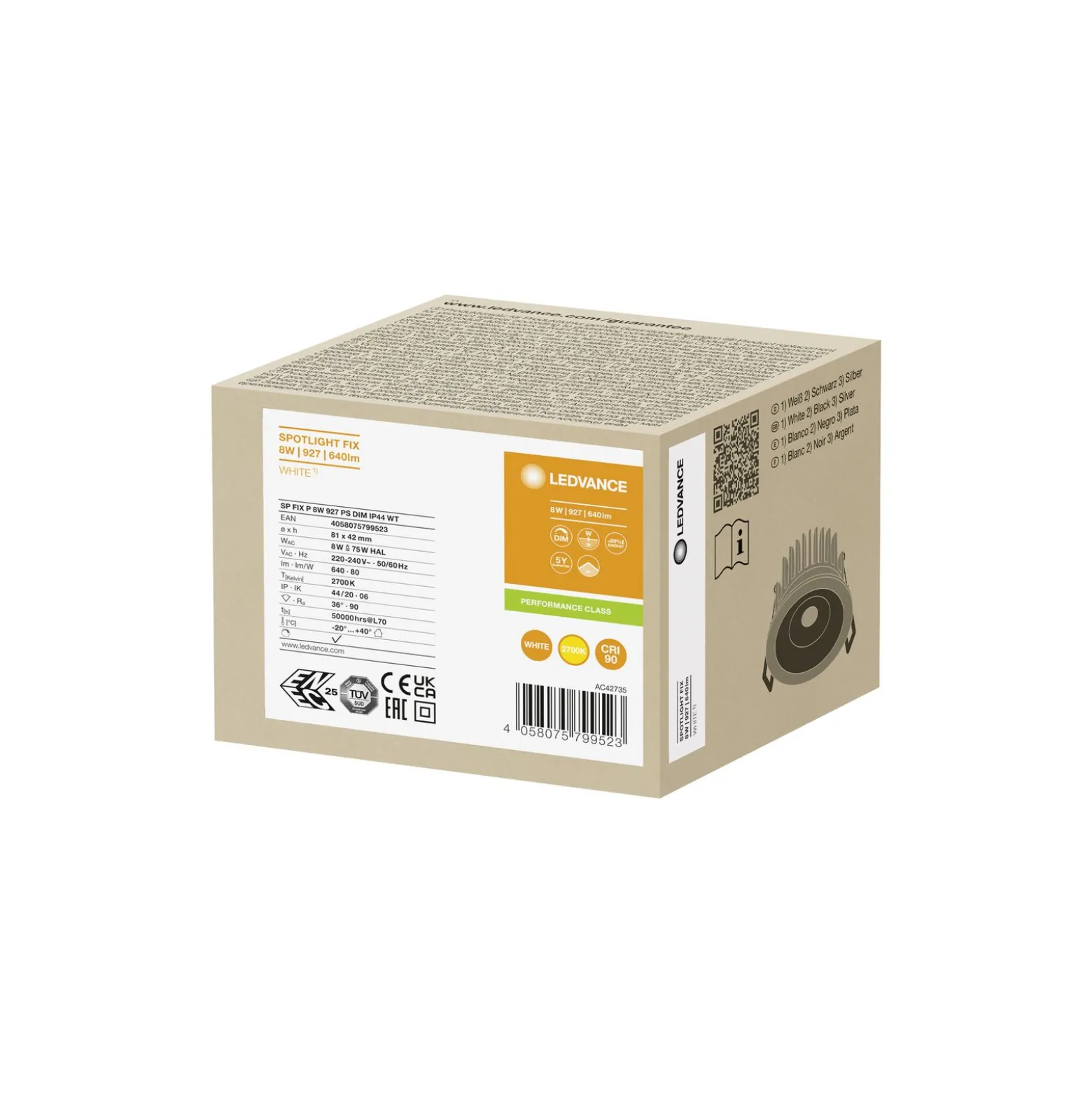Ledvance LED Spot Fix Aluminium Vit 8W 640lm 36D - 927 Extra Varm Vit | Utskärning 68mm - IP44 - Bästa färgåtergivning - Dimbar