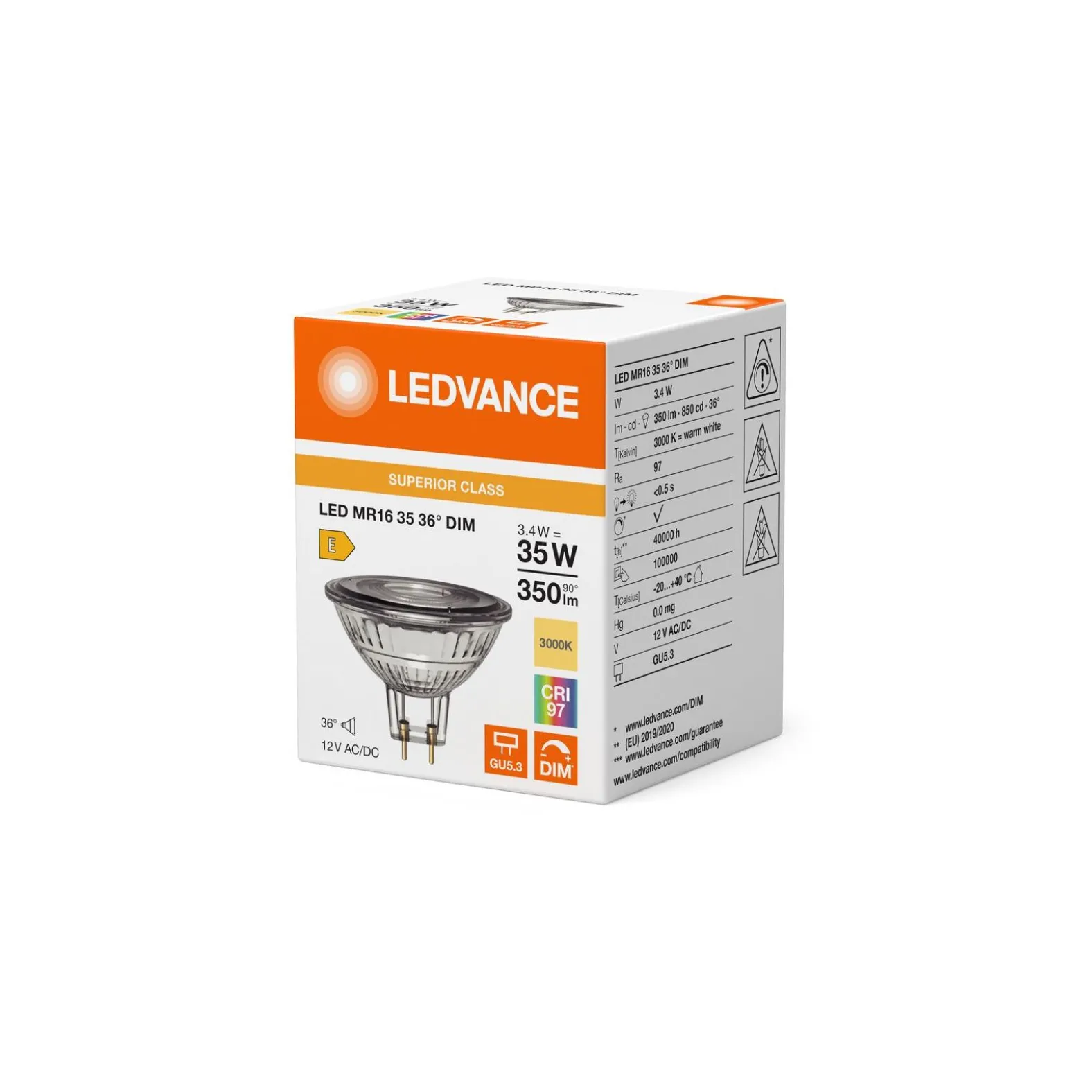 Ledvance LED Spot GU5.3 MR16 3.4W 350lm 36D - 930 Varm Vit | Bästa Färgåtergivning - Dimbar - Ersättare 35W