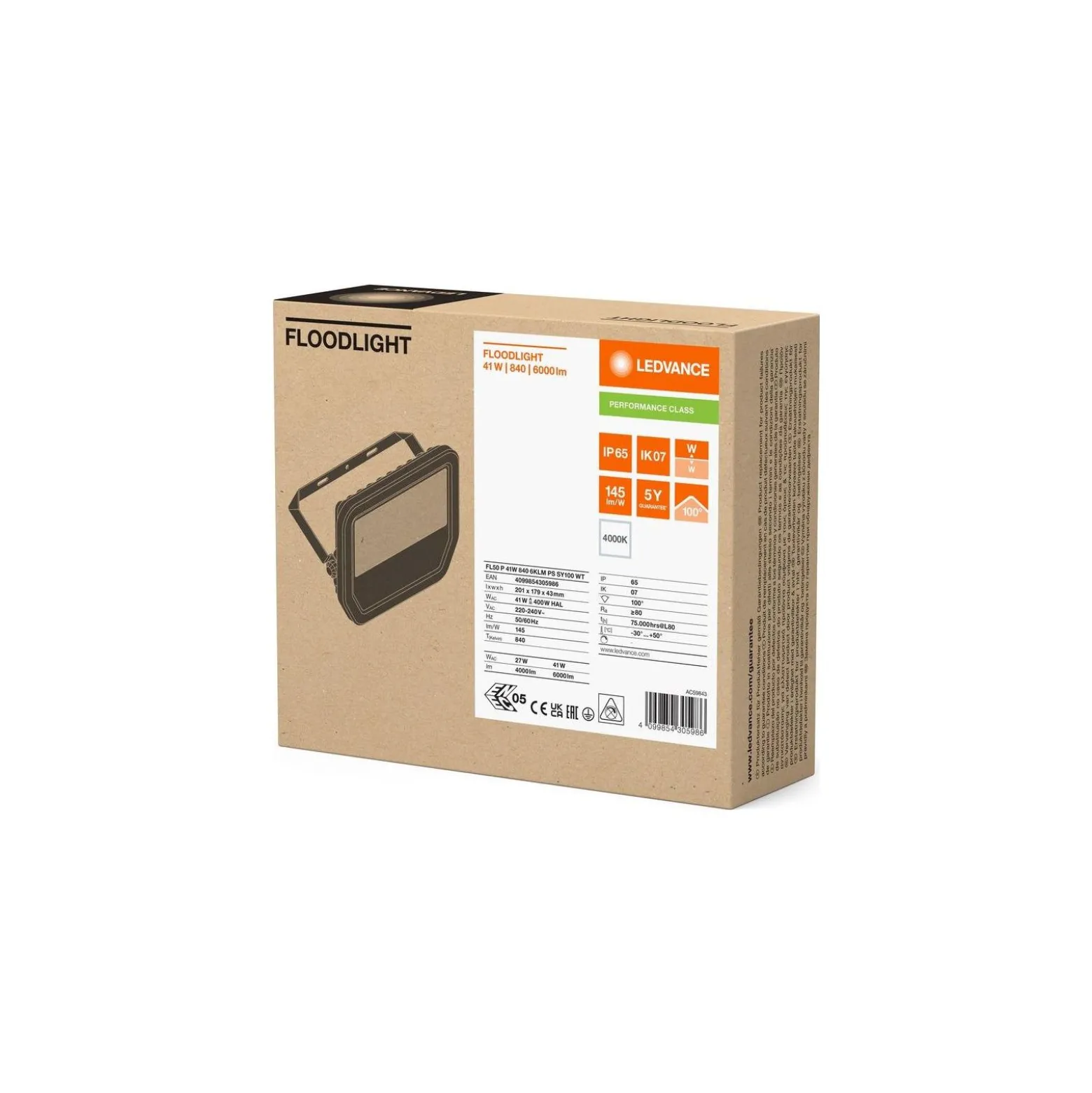 Ledvance LED Strålkastare Aluminium Vit 41W 6000lm 100D - 840 Kallvit | IP66 - Symmetrisk