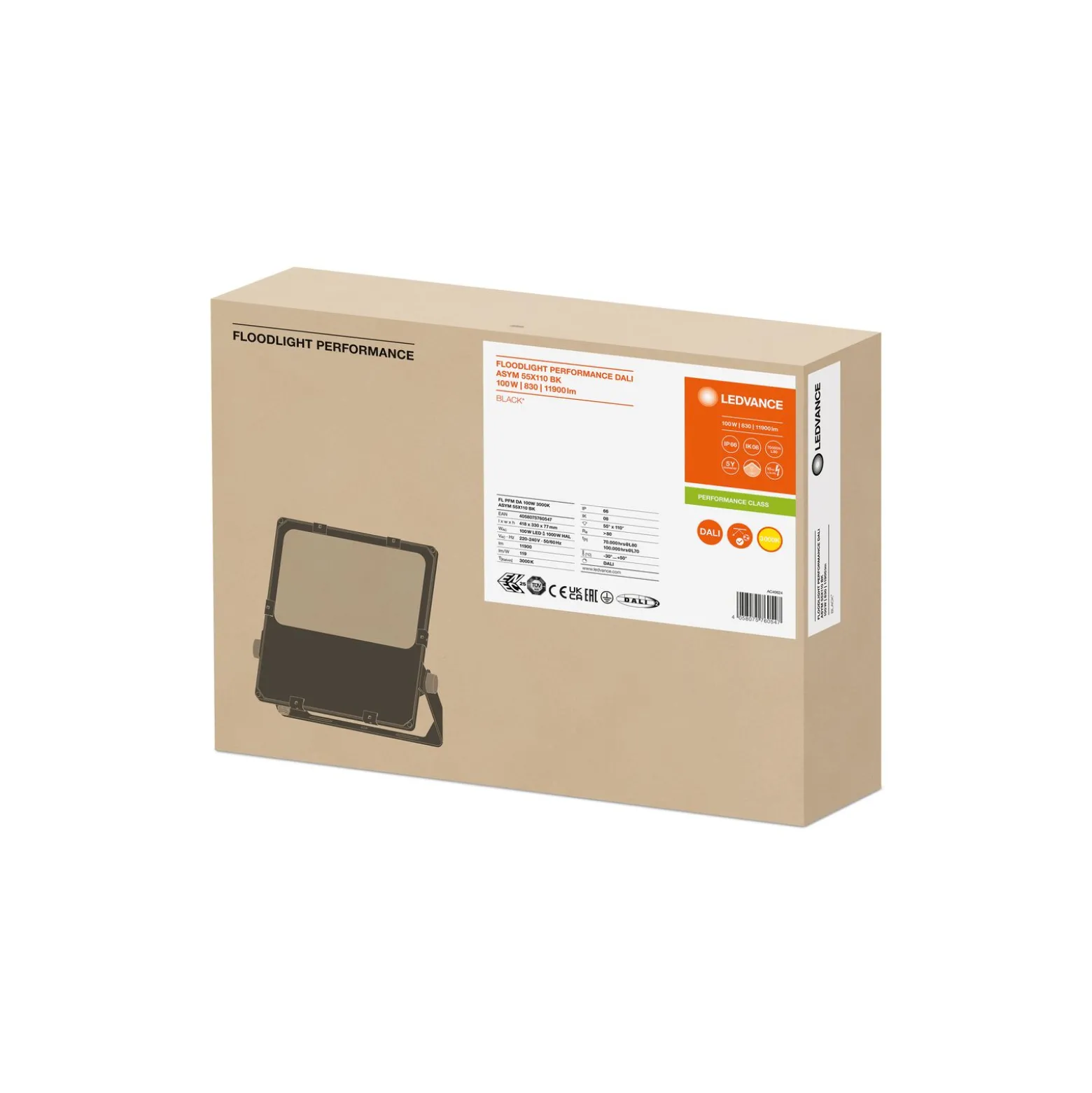 Ledvance LED Strålkastare Performance 100W 11900lm 55x110D - 830 Varm Vit | IP66 - Dali Dimbar - Asymmetrisk
