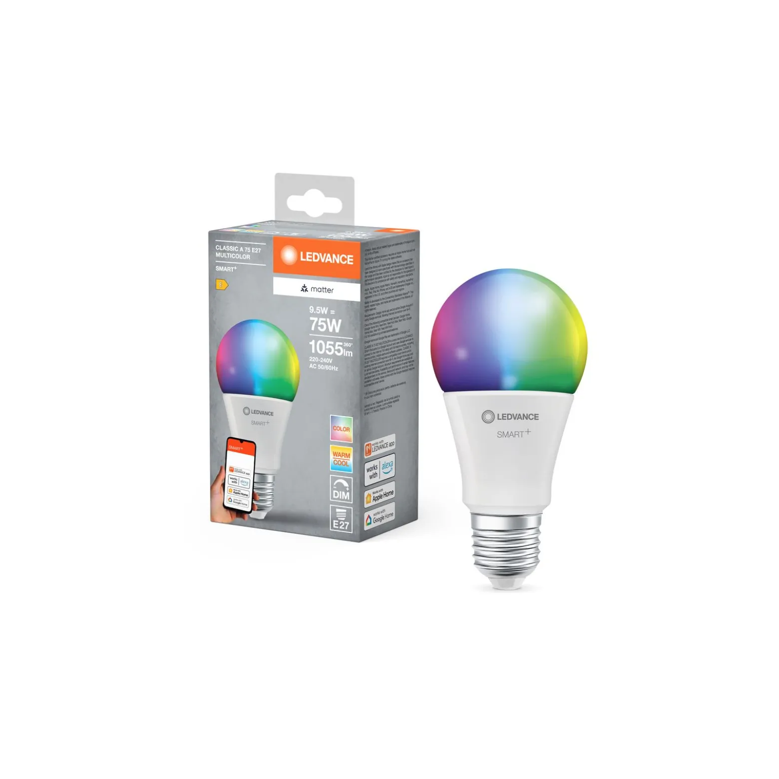 Ledvance Smart+ Matter E27 A60 9.5W 1055lm - 827-865 Justerbar Vit | RGBW - Dimbar - Ersättare 75W